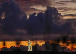 The NASA moon rocket stands ready at sunrise on Pad 39B before the Artemis 1 mission to orbit the moon at the Kennedy Space Center, Monday, Aug. 29, 2022, in Cape Canaveral, Fla. (AP Photo/Brynn Anderson)
